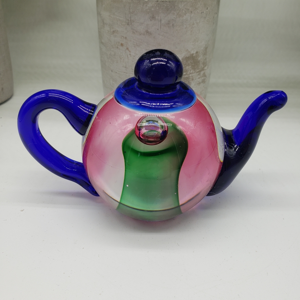 Edinburgh Vintage Cobalt Blue, Pink Green Sommerso Teapot Art Glass Paperweight